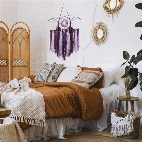 Purple Triple Moon Goddess Macrame Wall Hanging, Boho Crescent Dream Catcher - Picture 6 of 8